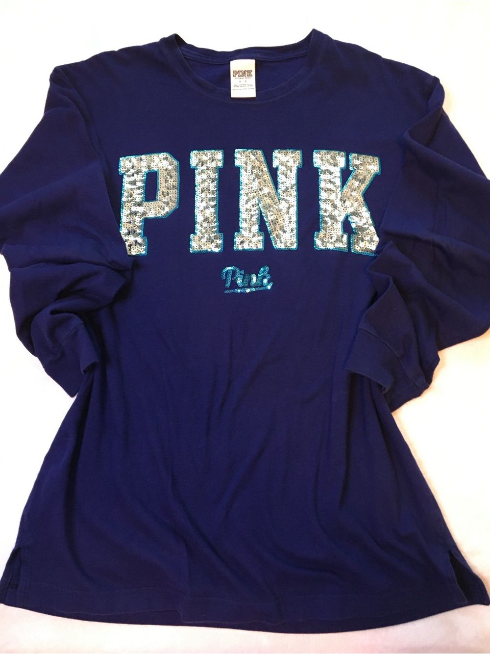 PINK Victoria's Secret Navy Long Sleeve Tee with Sequin Logo